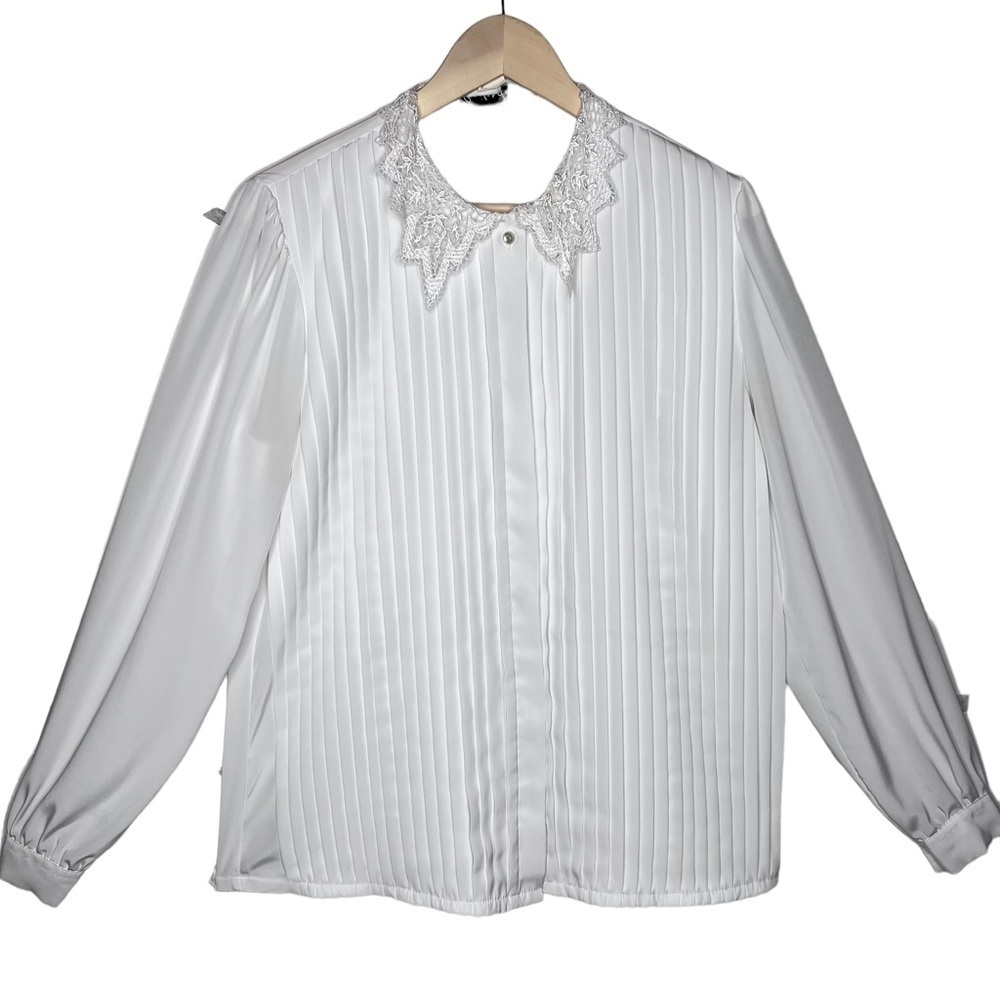 Vintage Gailord Lace Collar White Pleated Blouse Size 12 Puffed Cuffed Sleeves